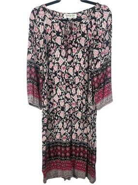 Fresh FX Boho Paisley Floral Long Sleeve Shift Dress - Pink & Black Size Medium
